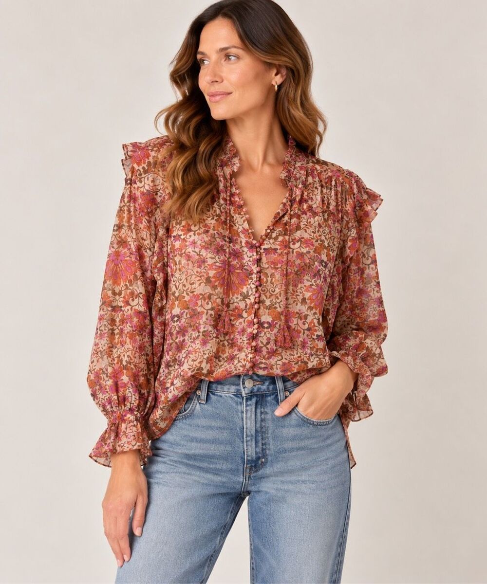MISA Los Angeles Analeigh Blouse Floral Size XL Pink Orange Flowy Ruffles